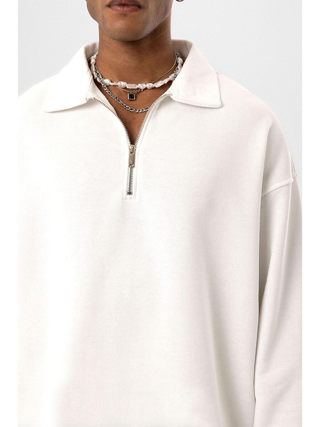 Ekru Basic Polo Yaka Fermuar Detaylı Erkek Eşofman Altı-3