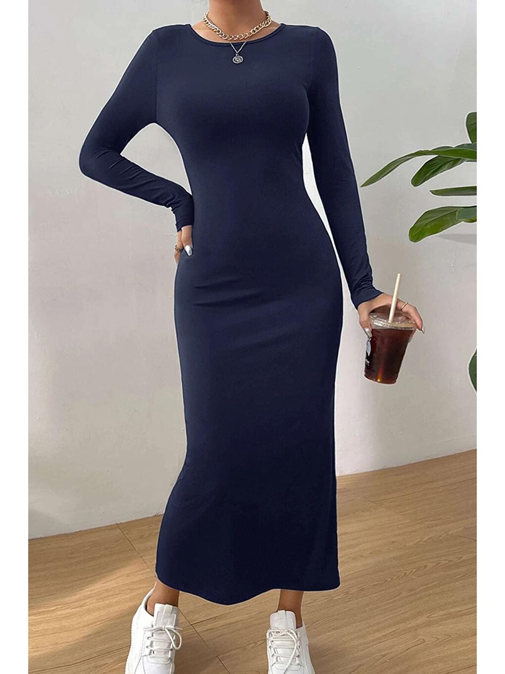 Lacivert Basic Yarım Balıkçı Uzun Kollu Elbise-2