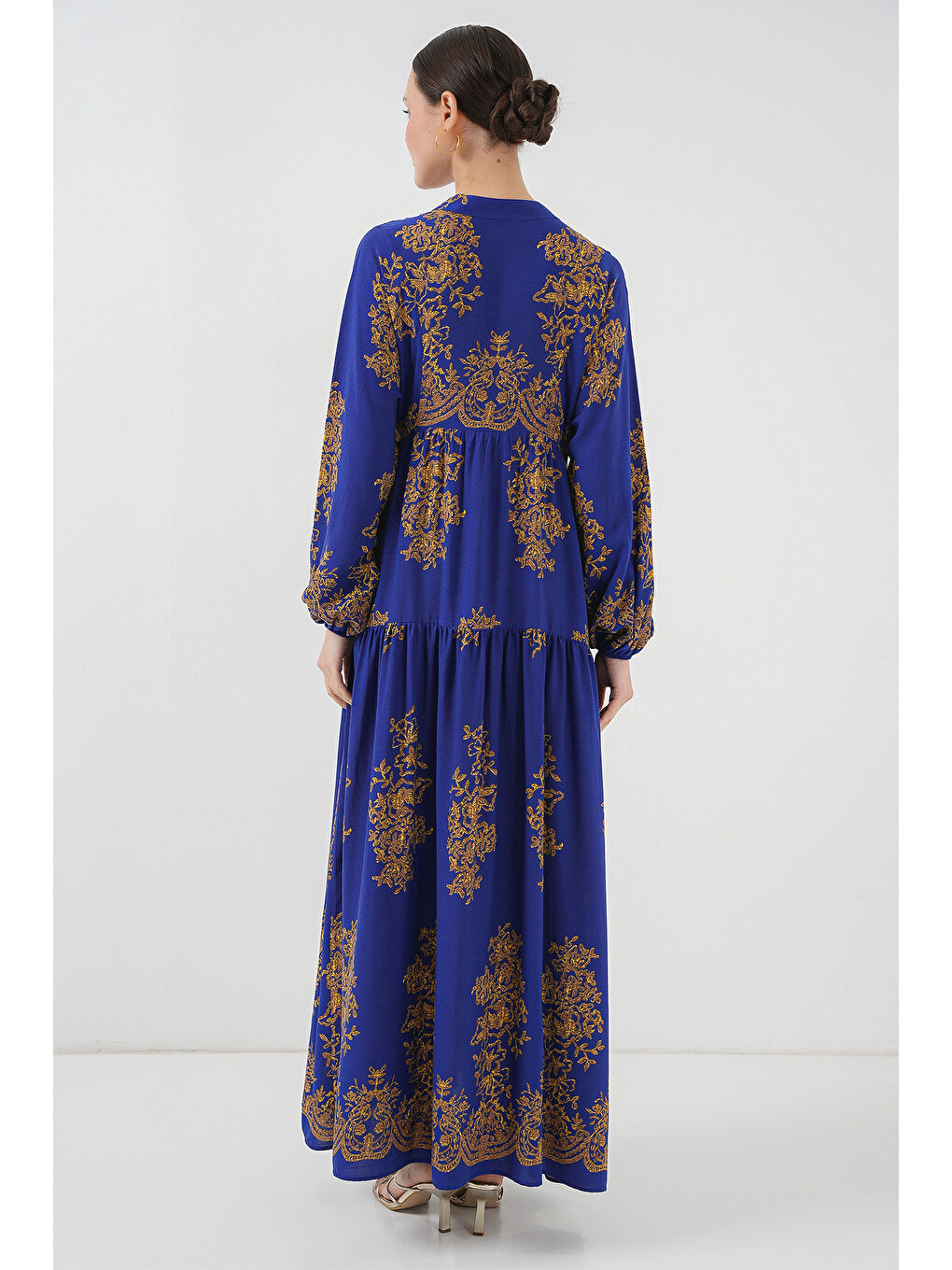 Mor Saks Gold Desenli Tesettür Elbise 2423-5