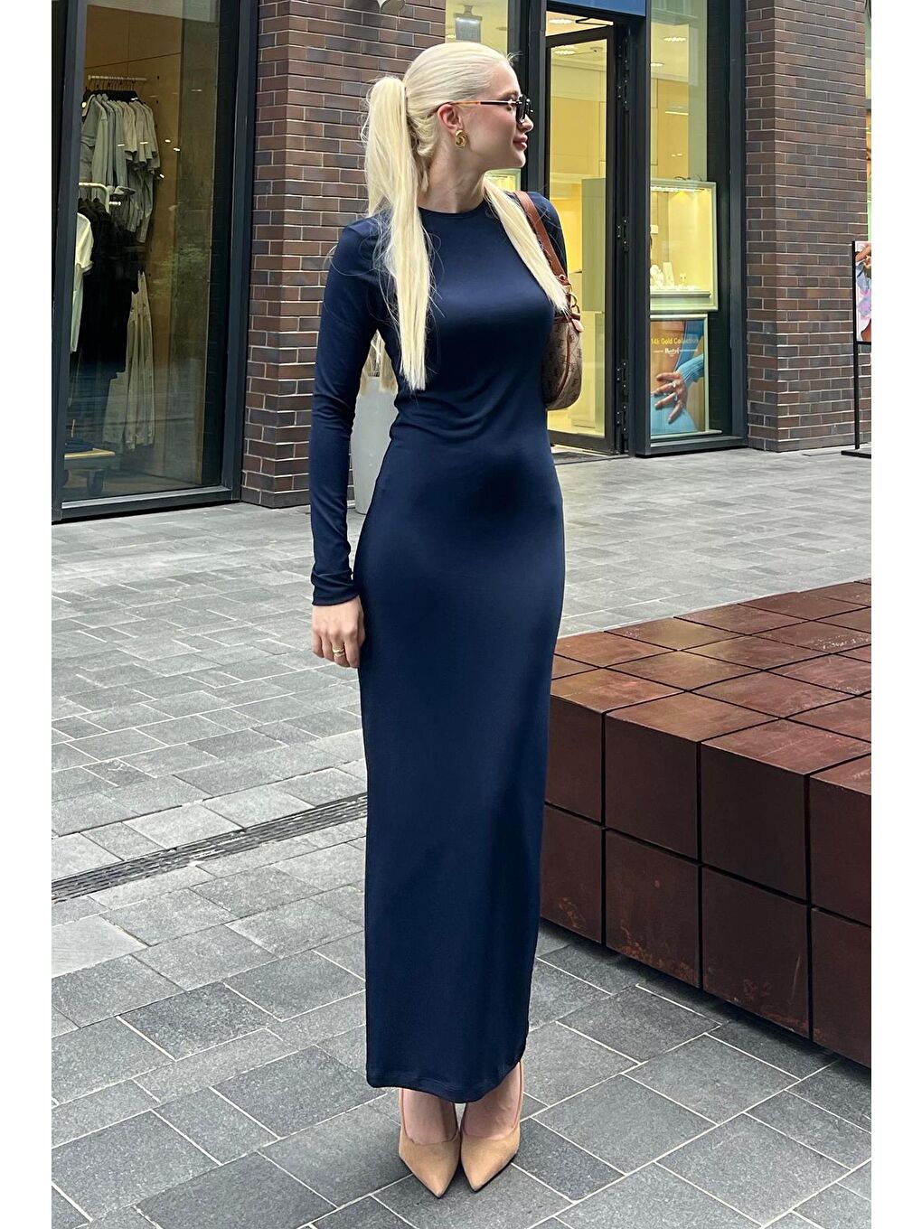 Lacivert Basic Yarım Balıkçı Uzun Kollu Elbise-4