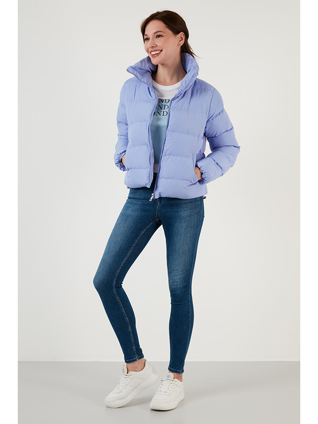 Lila Dik Yaka Cepli Şişme Kısa Mont 6020045-6