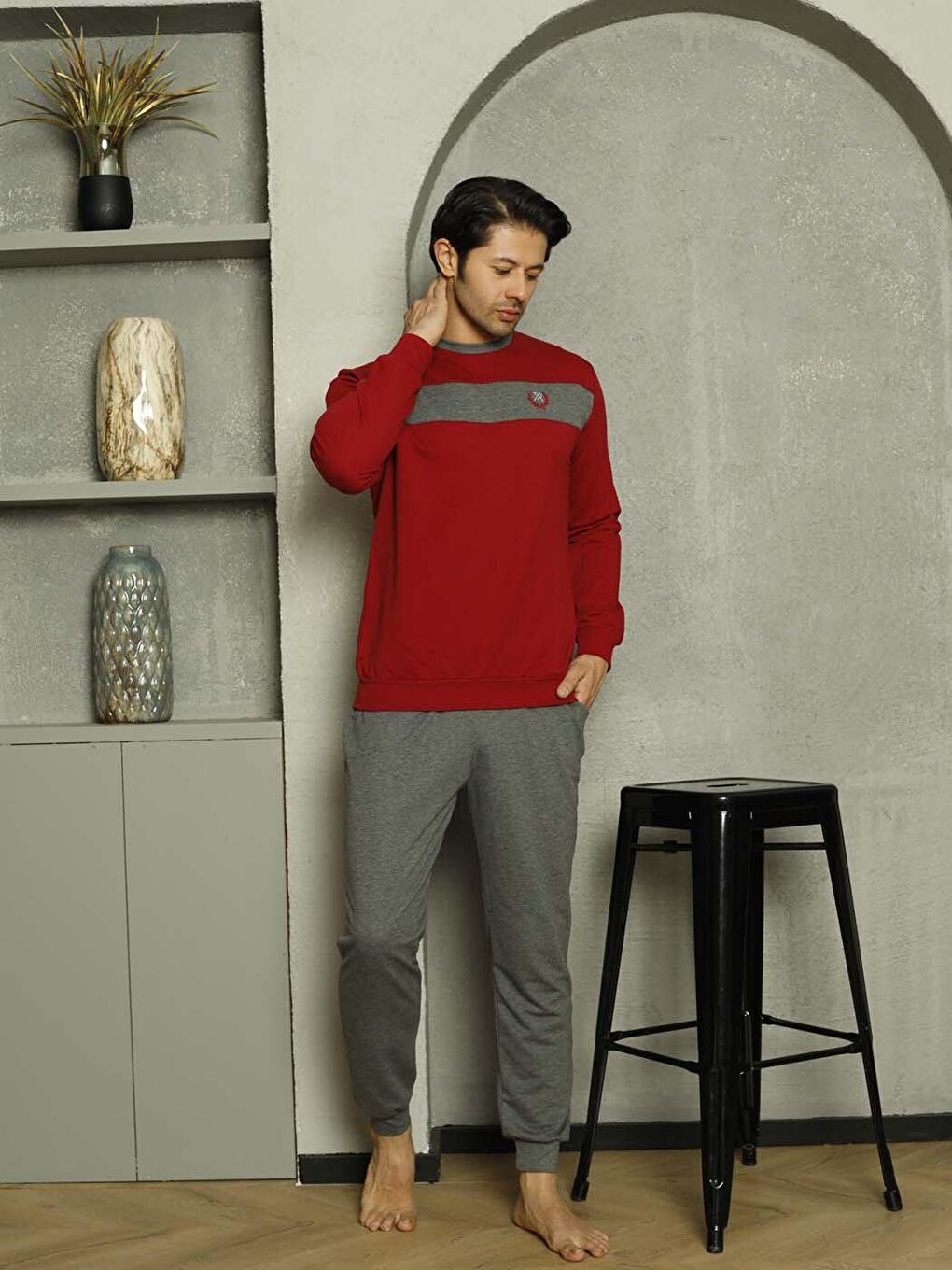 Gri Erkek Pijama Takımı İki İplik Kol Paça Manşetli Pamuklu Mevsimlik-1