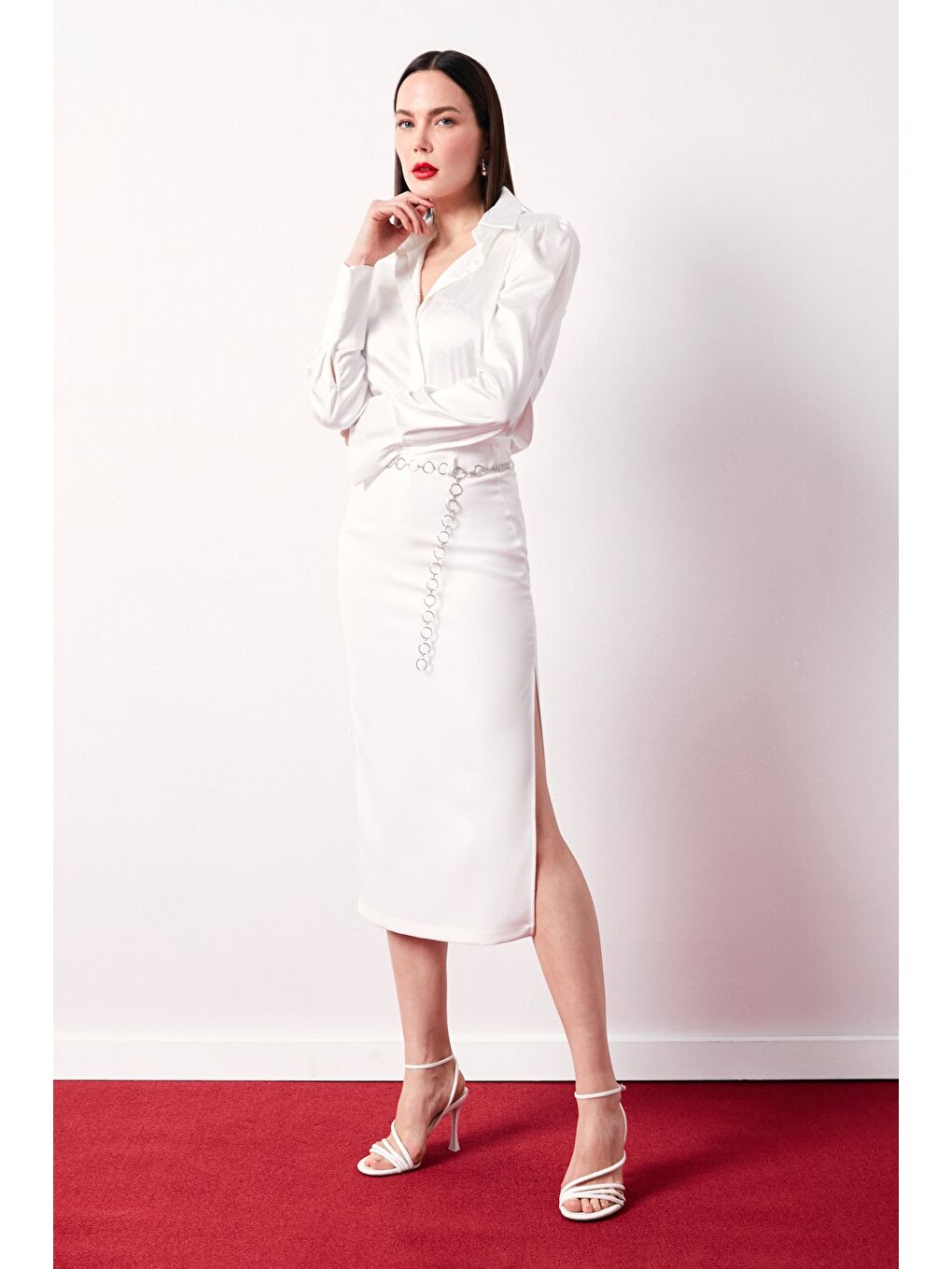 Gümüş Zincirli Kalem Etek - Ekru-2