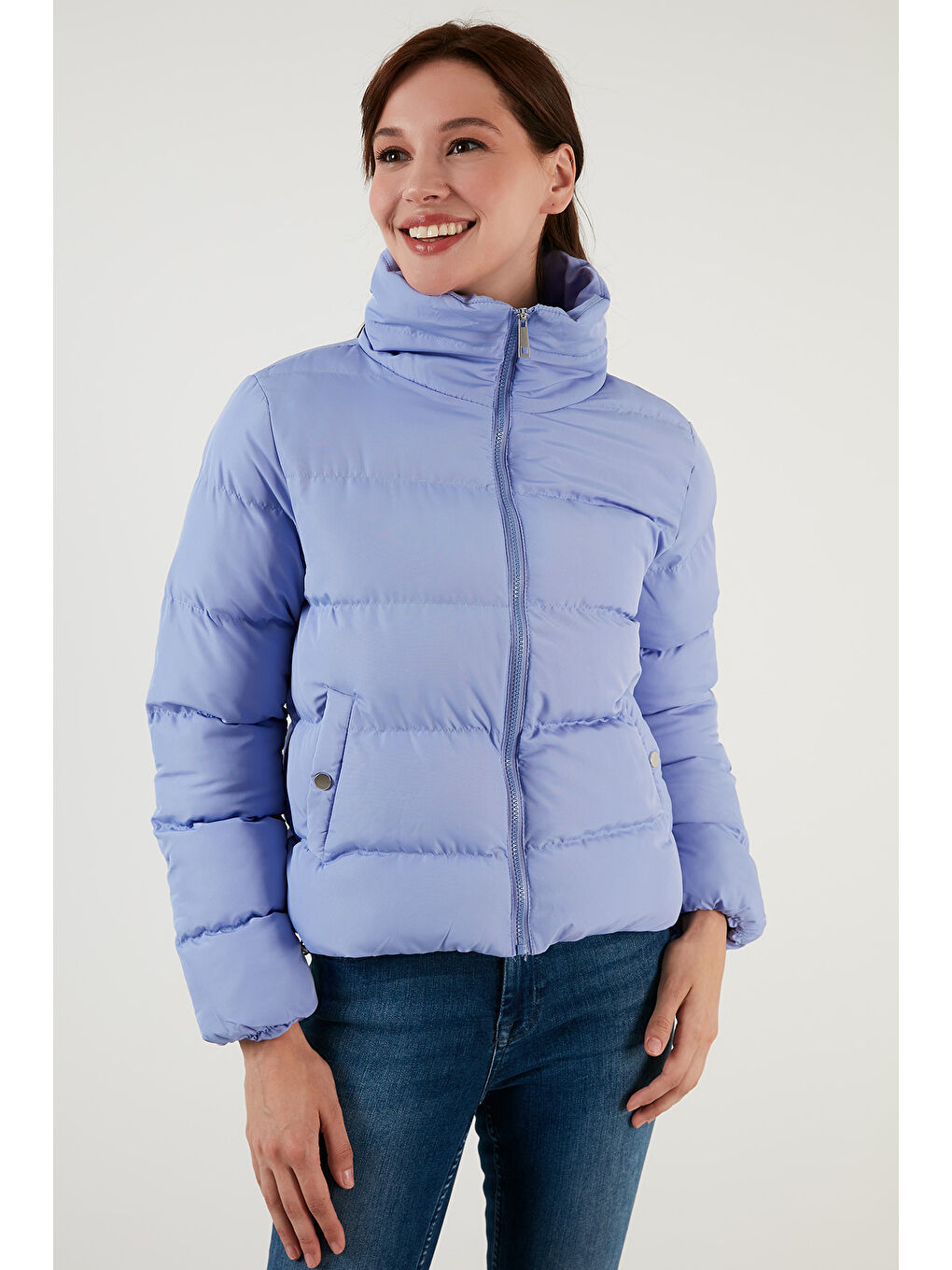 Lila Dik Yaka Cepli Şişme Kısa Mont 6020045-7