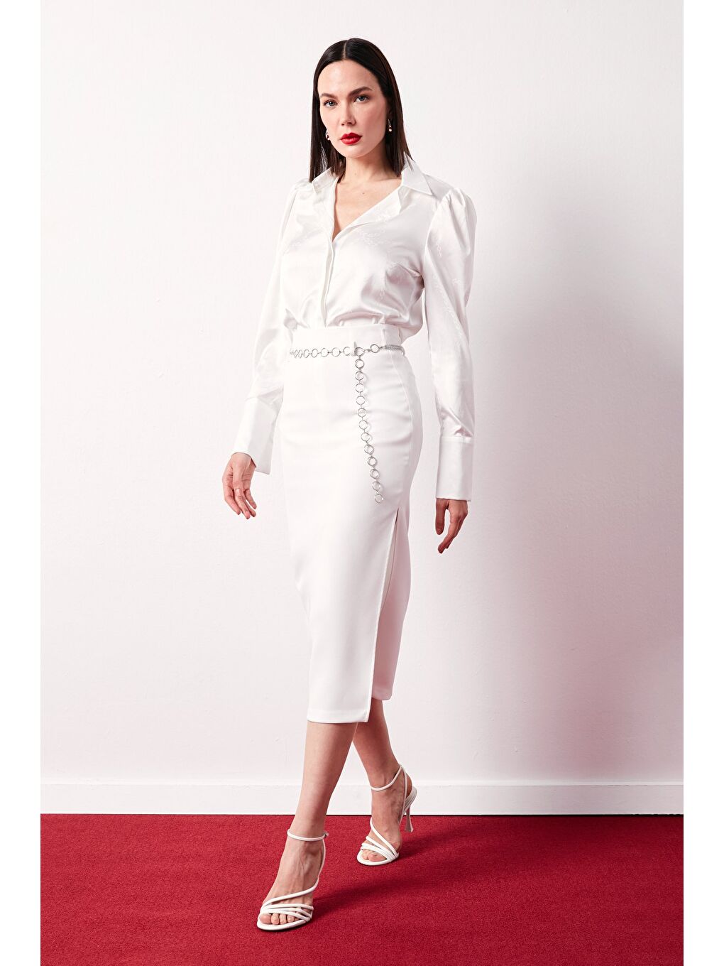 Gümüş Zincirli Kalem Etek - Ekru-3