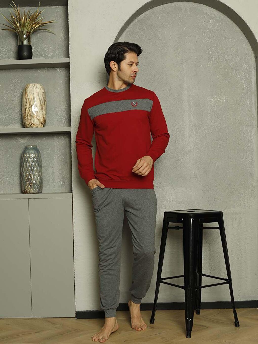 Gri Erkek Pijama Takımı İki İplik Kol Paça Manşetli Pamuklu Mevsimlik-2