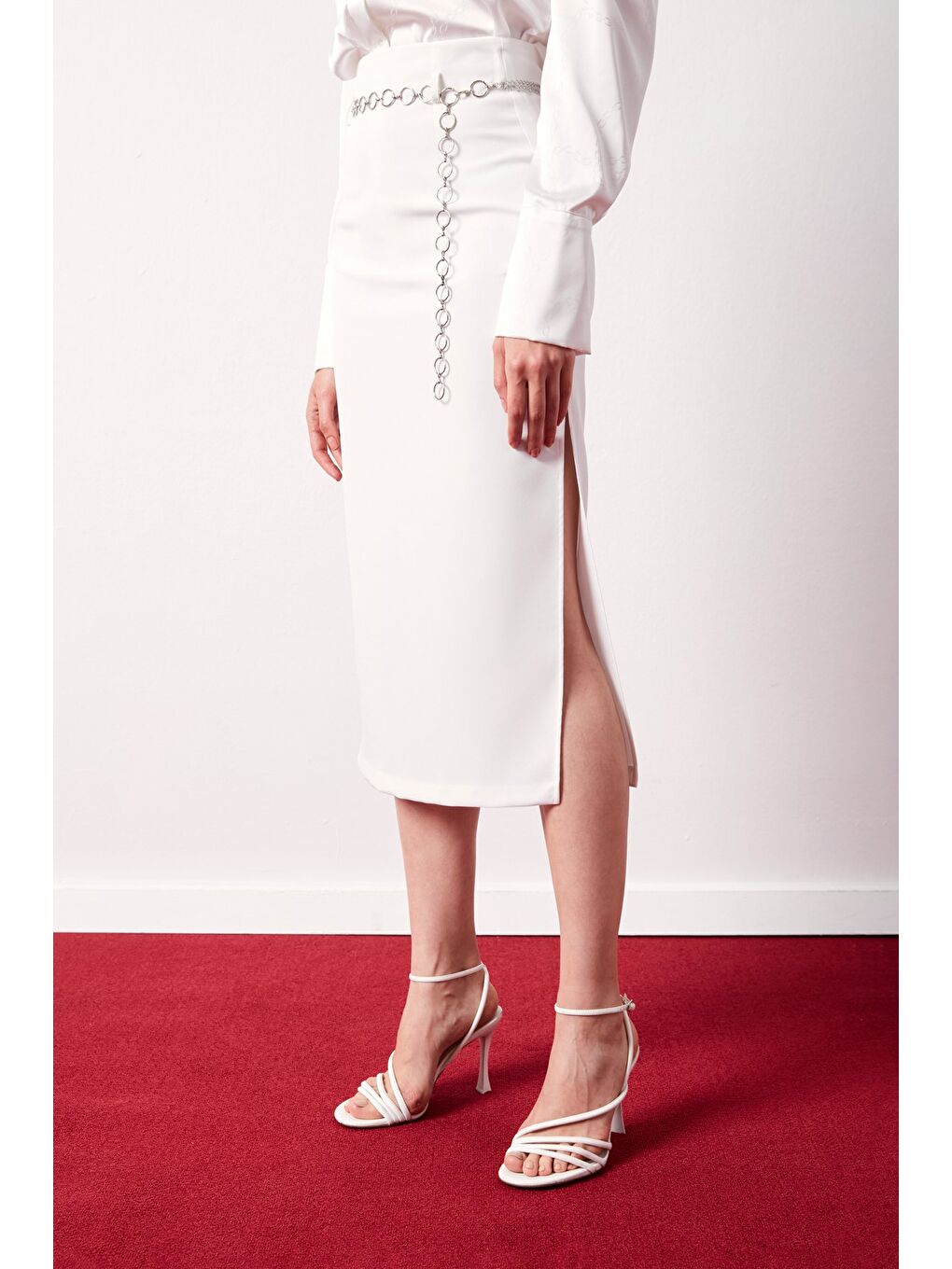 Gümüş Zincirli Kalem Etek - Ekru-5