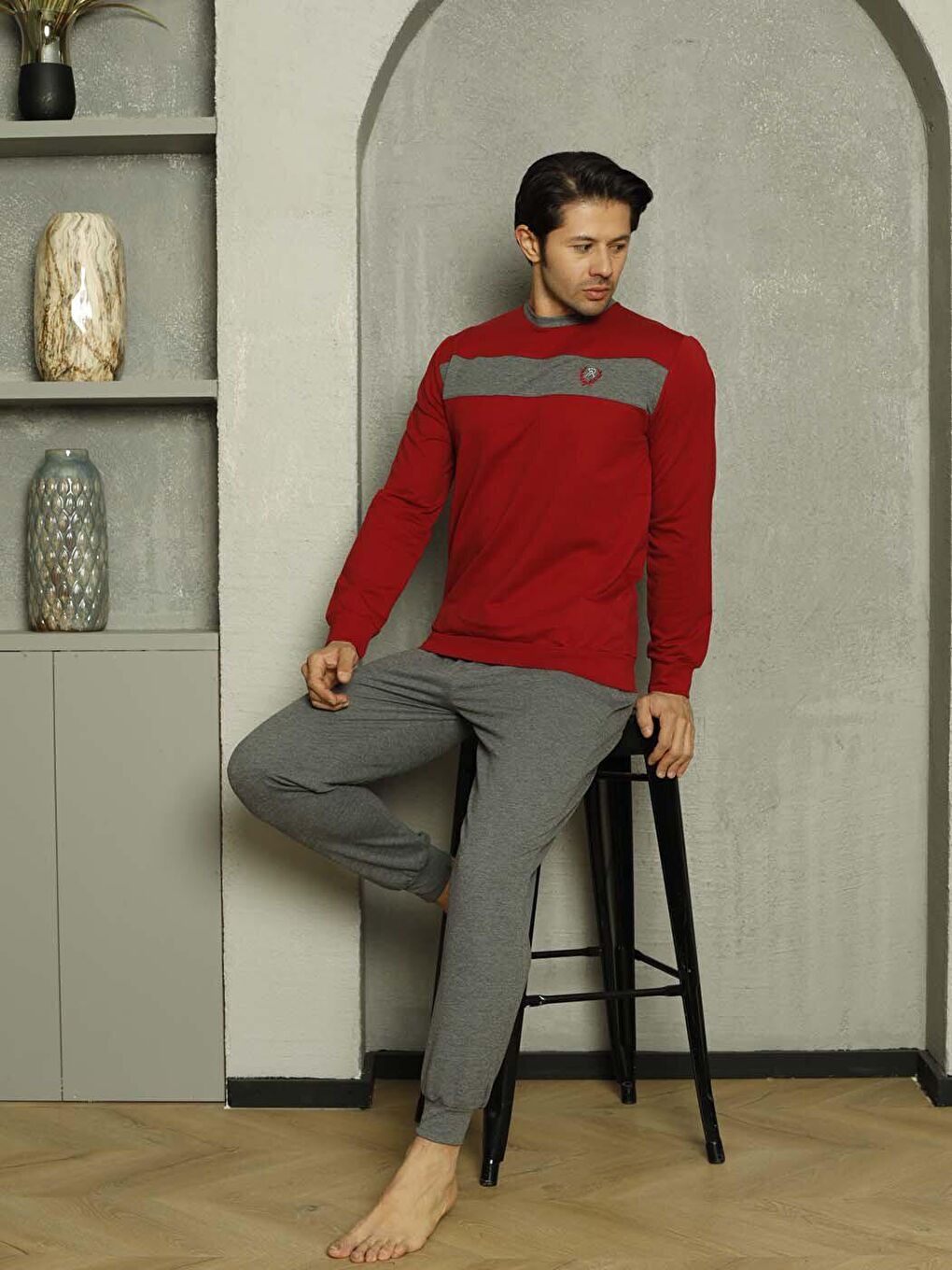 Gri Erkek Pijama Takımı İki İplik Kol Paça Manşetli Pamuklu Mevsimlik-3