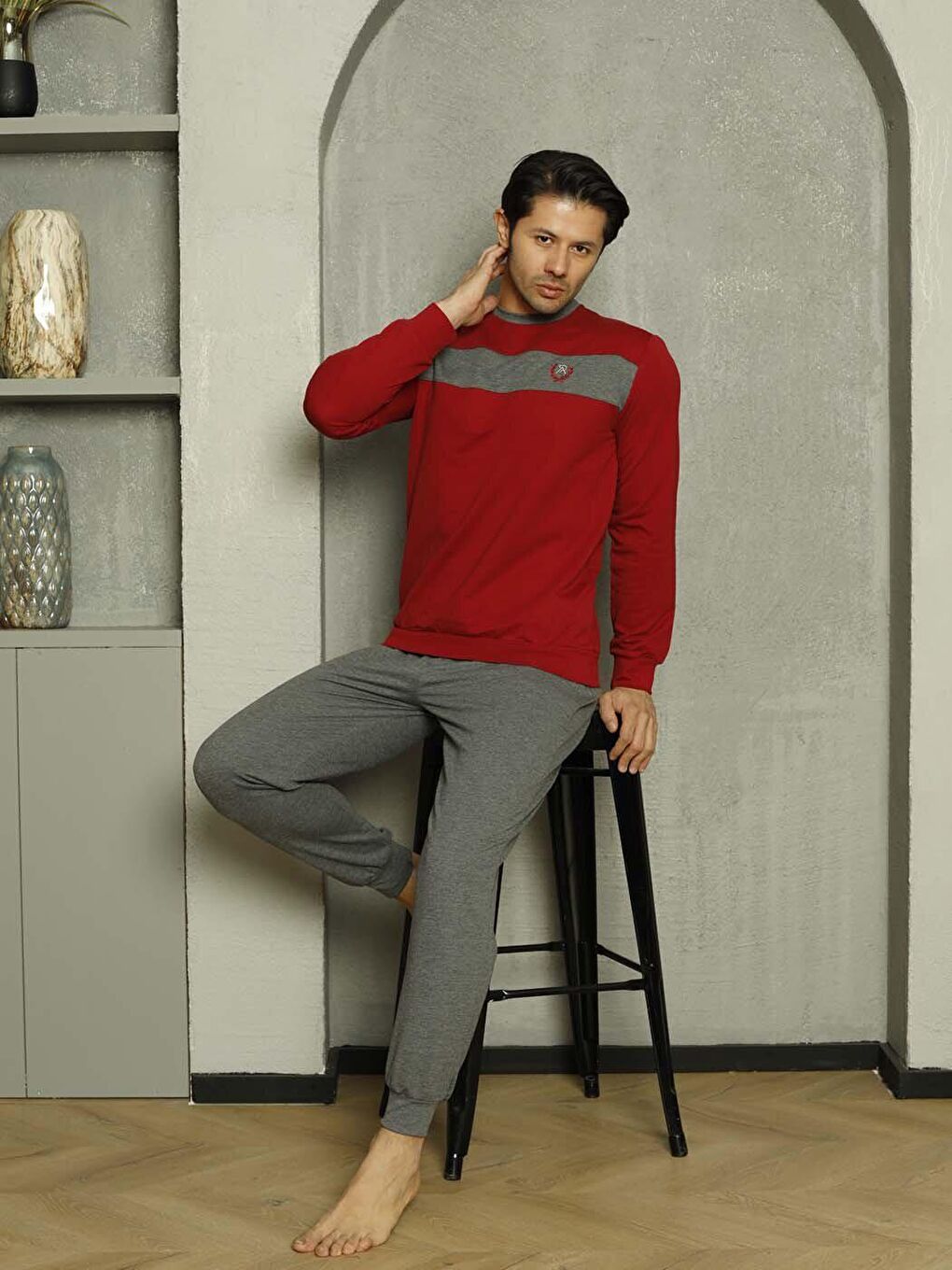 Gri Erkek Pijama Takımı İki İplik Kol Paça Manşetli Pamuklu Mevsimlik-4