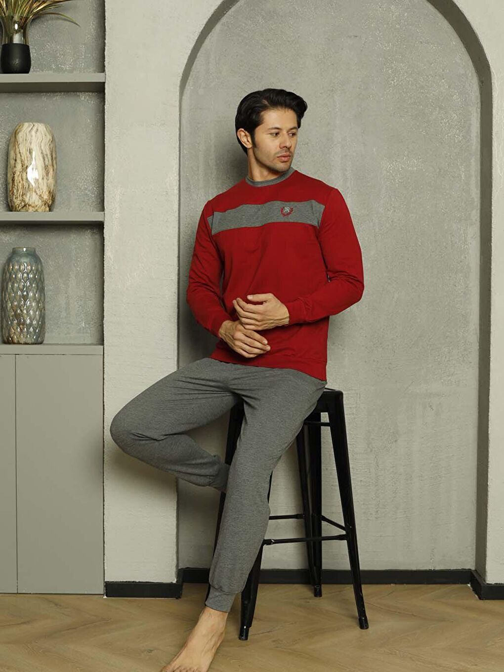 Gri Erkek Pijama Takımı İki İplik Kol Paça Manşetli Pamuklu Mevsimlik-5