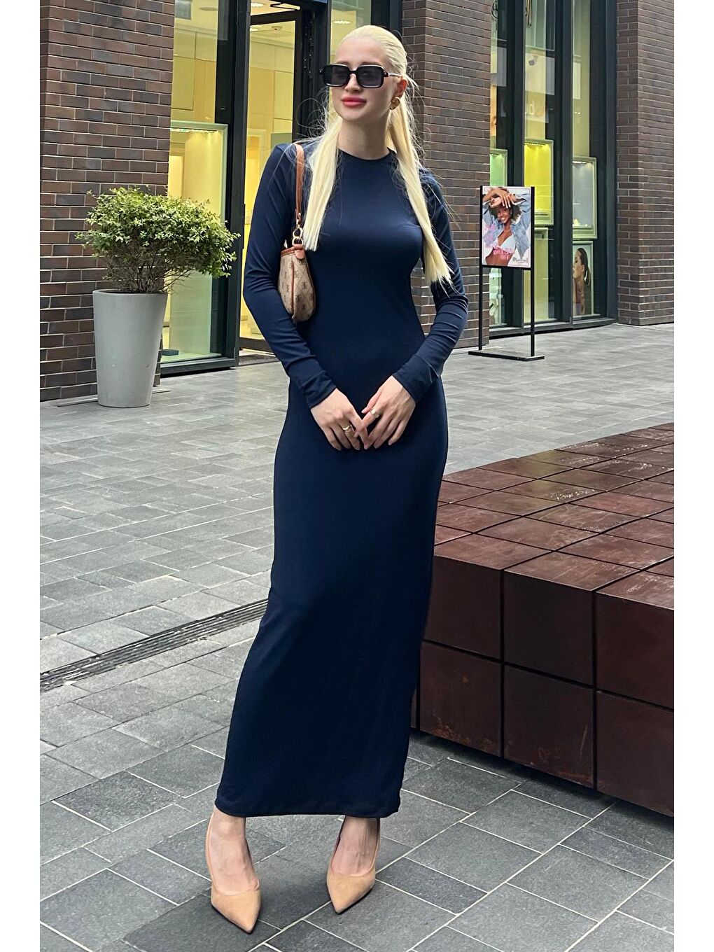 Lacivert Basic Yarım Balıkçı Uzun Kollu Elbise-5