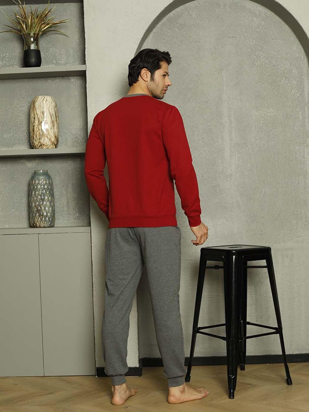 Gri Erkek Pijama Takımı İki İplik Kol Paça Manşetli Pamuklu Mevsimlik-6