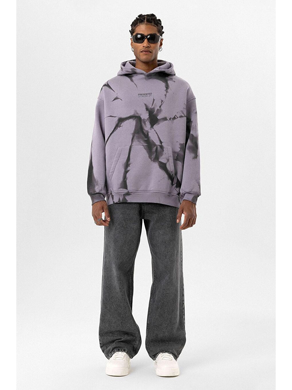 Renk Detaylı Kapüşonlu Oversize Erkek Hoodie Lila