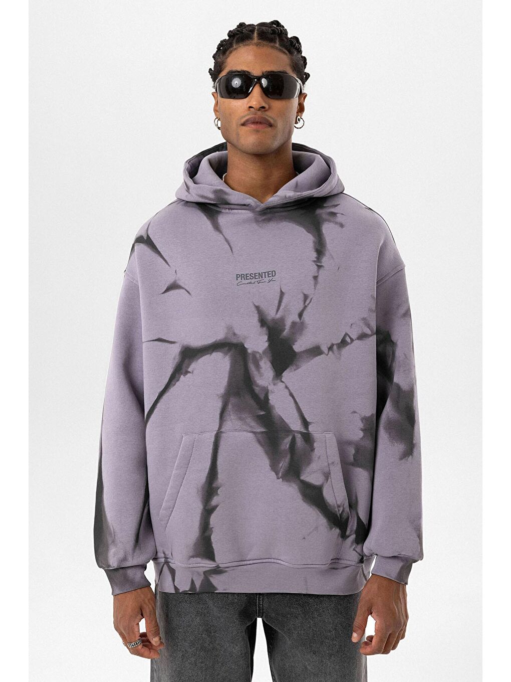 Renk Detaylı Kapüşonlu Oversize Erkek Hoodie Lila-2