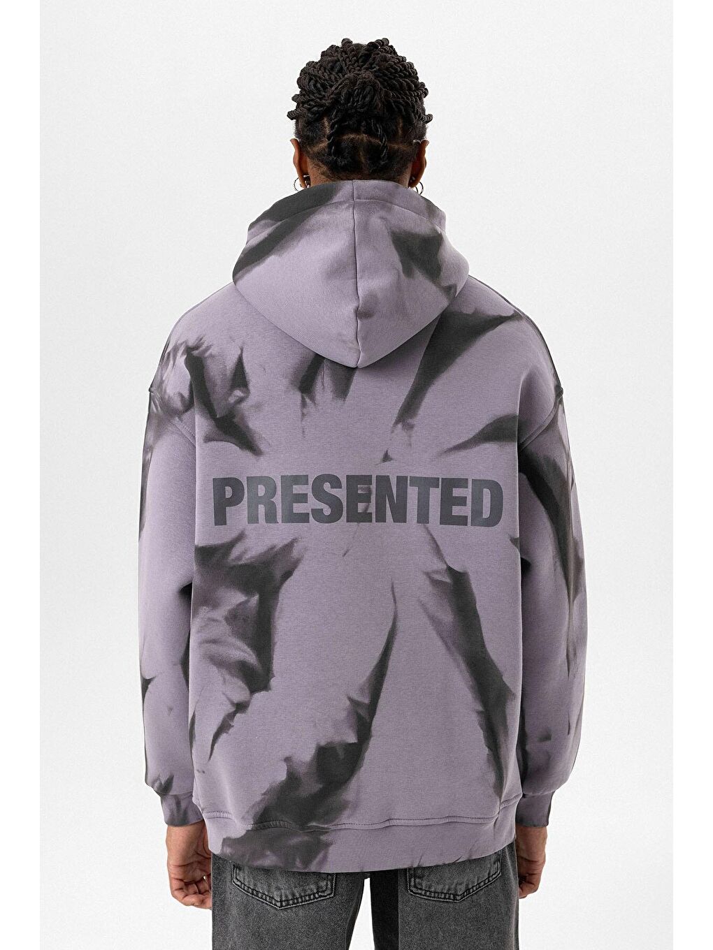 Renk Detaylı Kapüşonlu Oversize Erkek Hoodie Lila-3