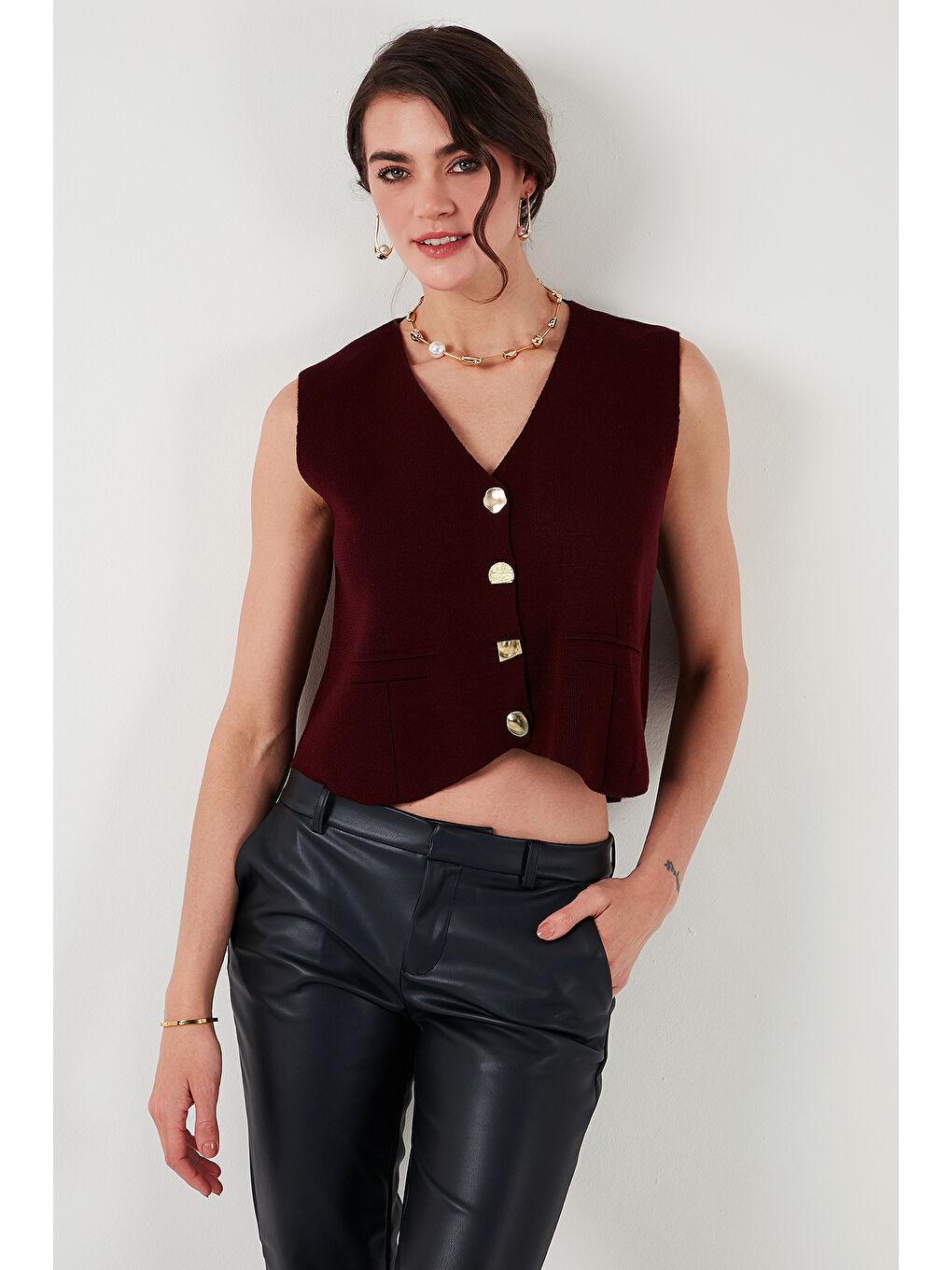 Bordo V Yaka Düğmeli Triko Kadın Yelek 4616177-4