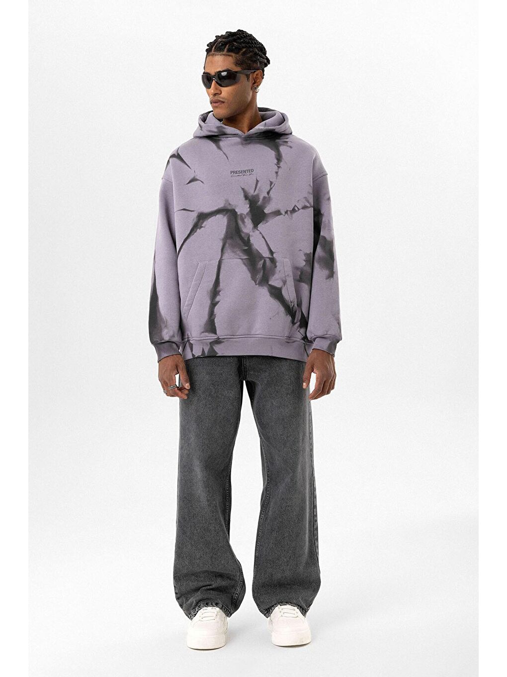 Renk Detaylı Kapüşonlu Oversize Erkek Hoodie Lila-4