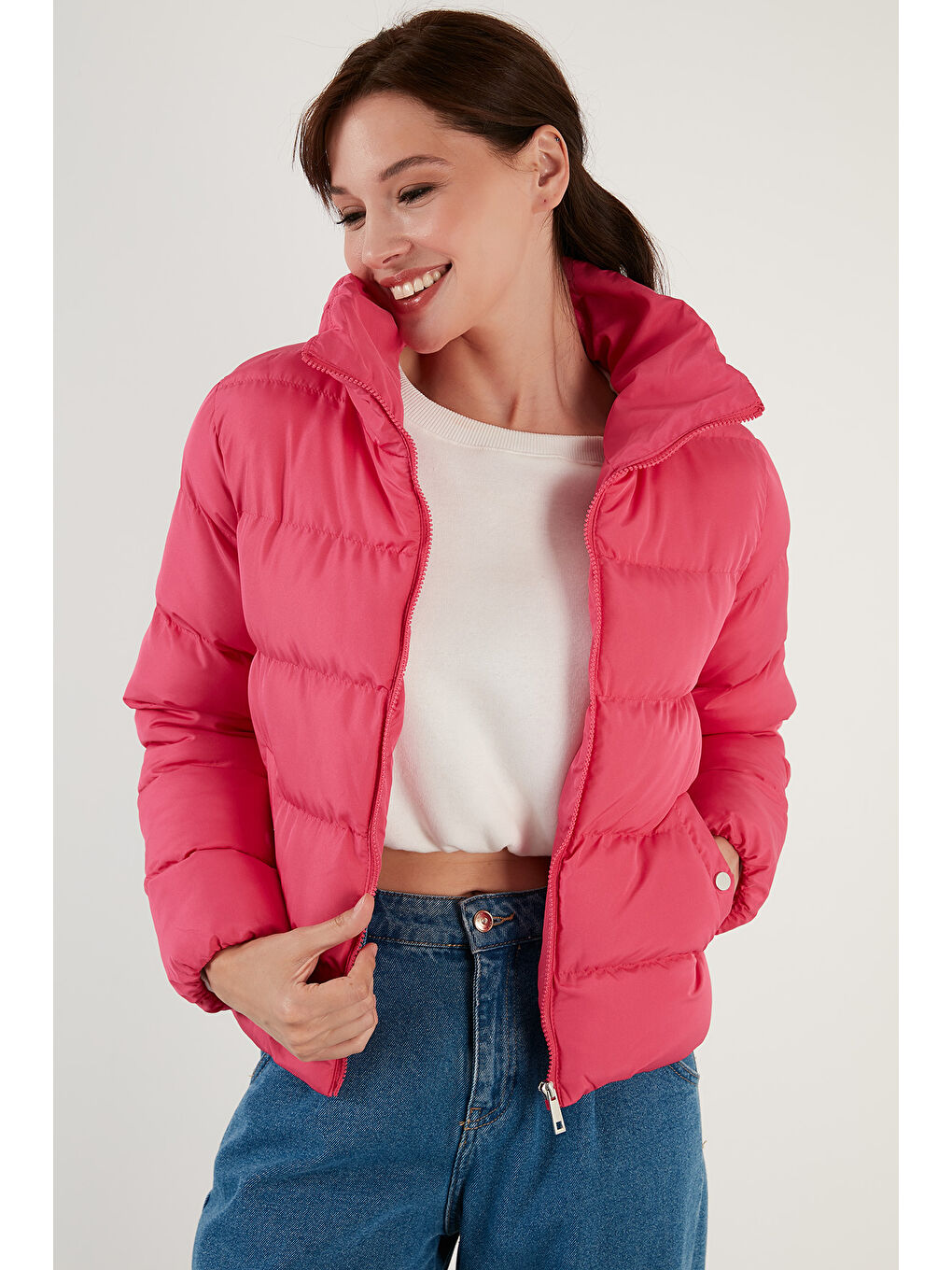 Fuşya Dik Yaka Cepli Şişme Kısa Mont 6020045-5