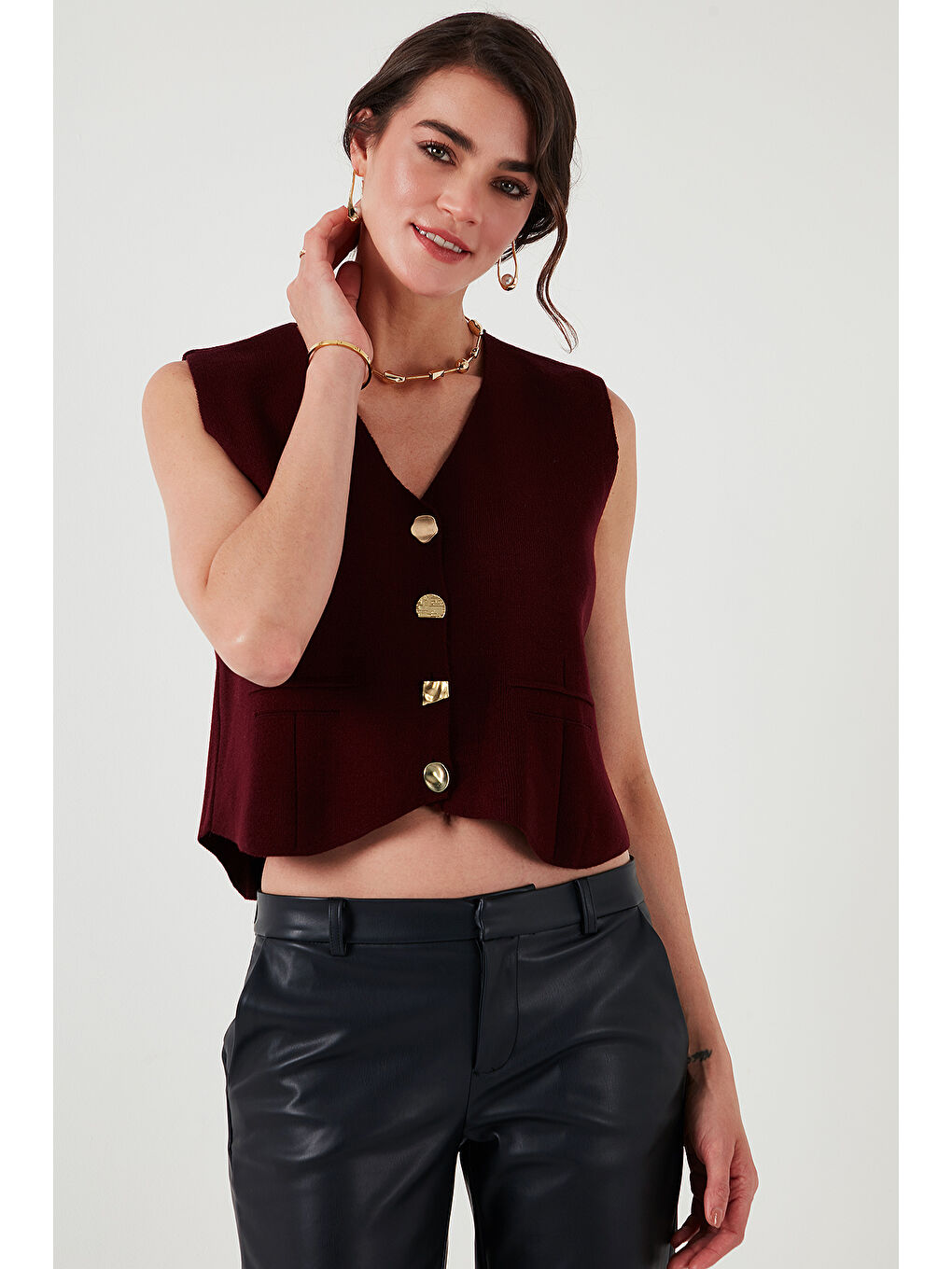 Bordo V Yaka Düğmeli Triko Kadın Yelek 4616177-5