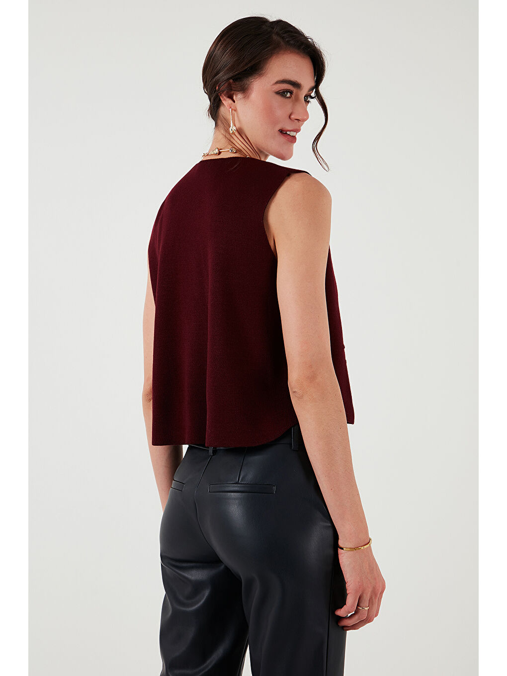 Bordo V Yaka Düğmeli Triko Kadın Yelek 4616177-6