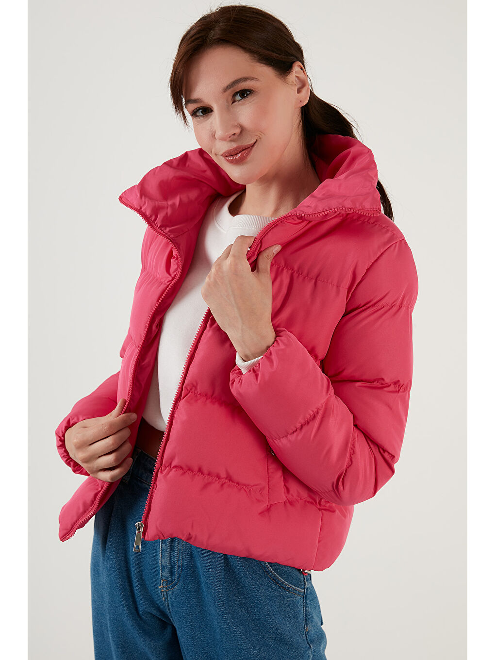 Fuşya Dik Yaka Cepli Şişme Kısa Mont 6020045-6