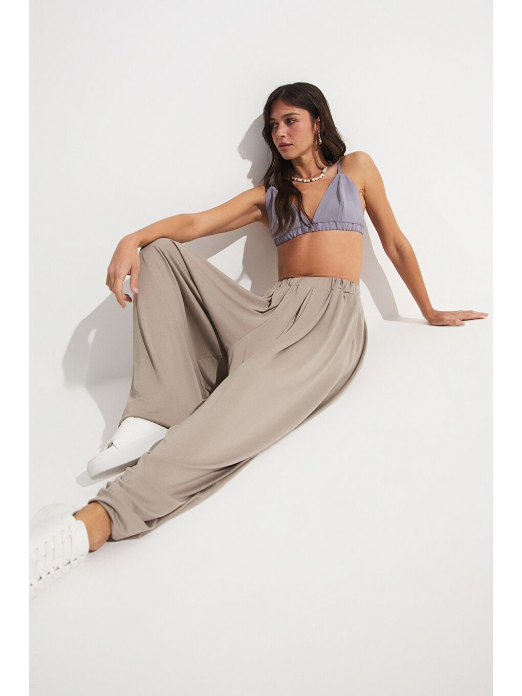 Bej Beli Lastikli Şalvar Modal Pantolon-4