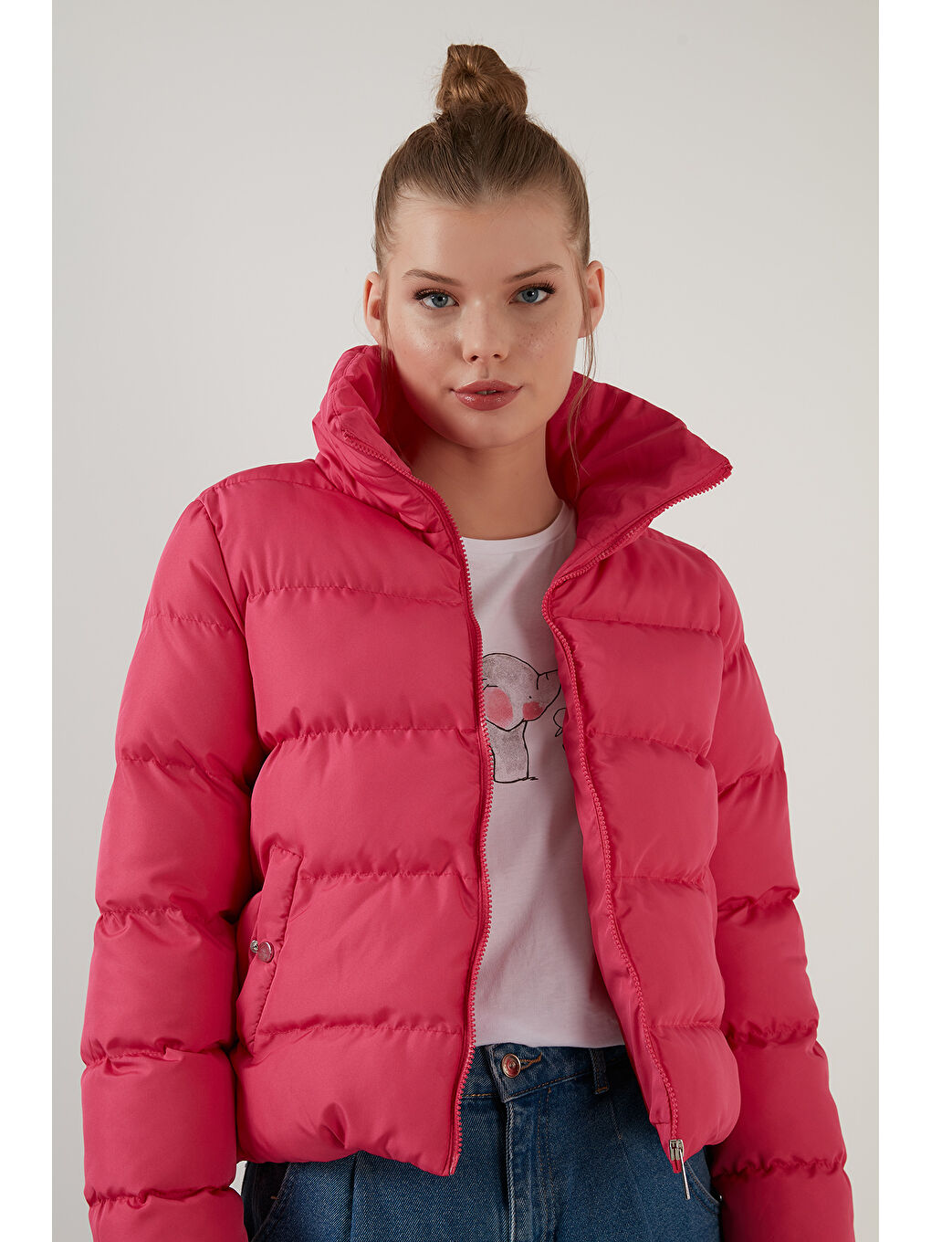 Fuşya Dik Yaka Cepli Şişme Kısa Mont 6020045-8