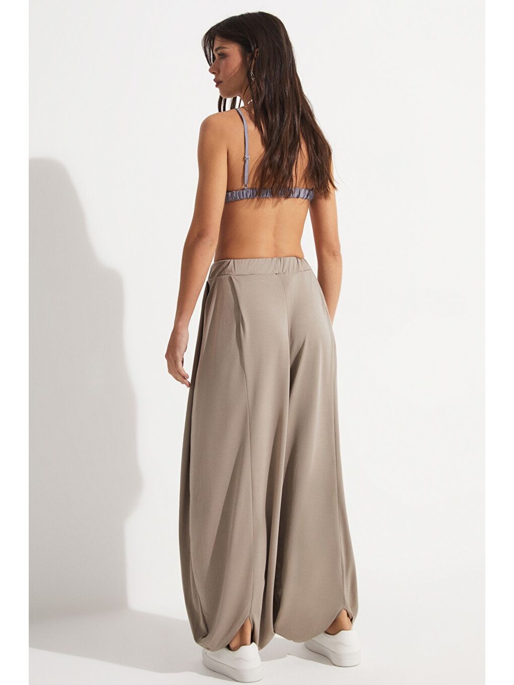 Bej Beli Lastikli Şalvar Modal Pantolon-2