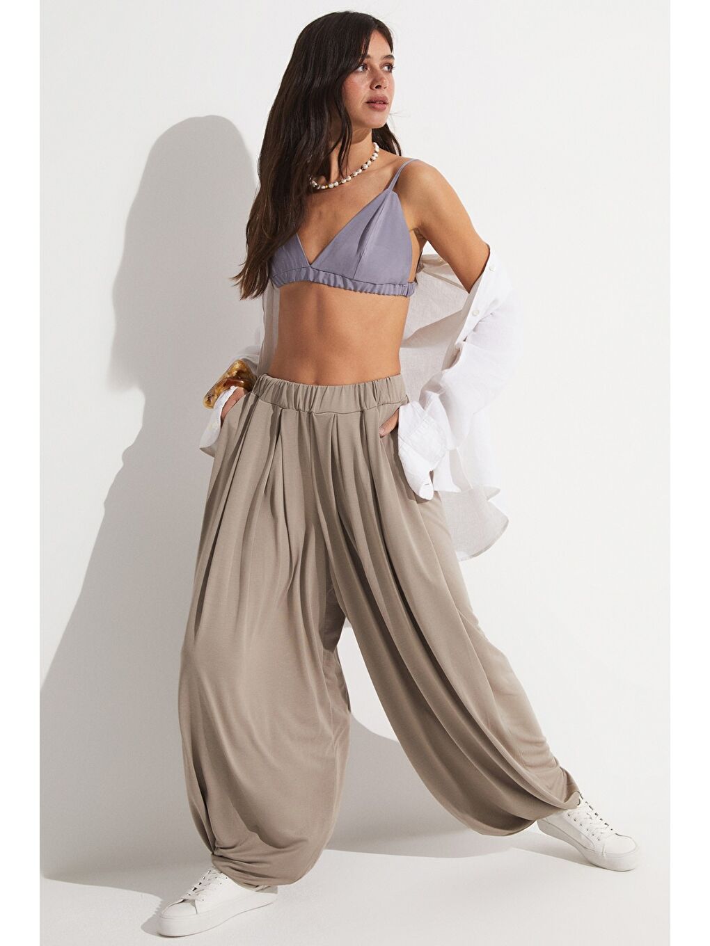 Bej Beli Lastikli Şalvar Modal Pantolon-1
