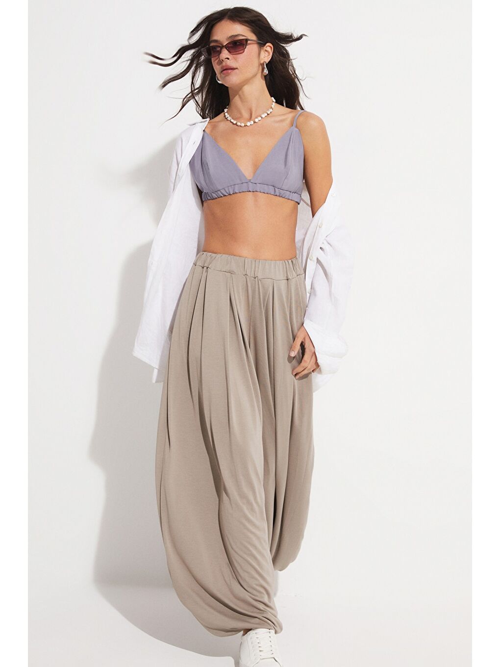 Bej Beli Lastikli Şalvar Modal Pantolon