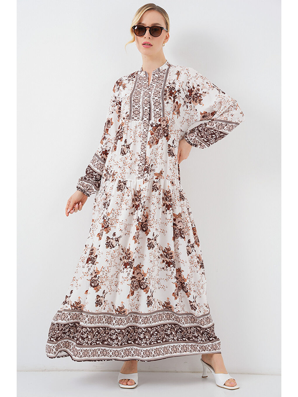 Kadın Desenli Kahverengi Viskon Tesettür Elbise 2423-3