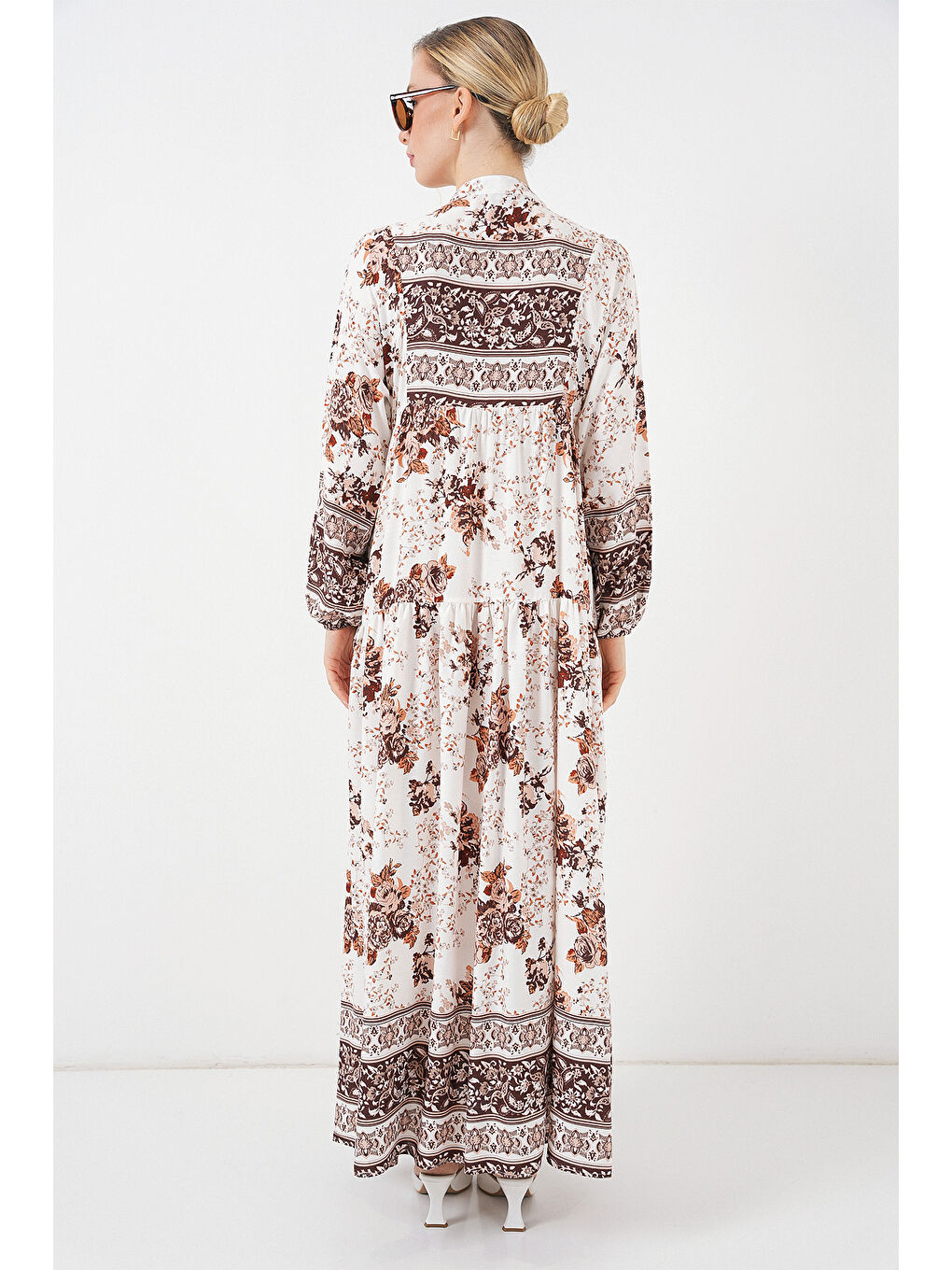 Kadın Desenli Kahverengi Viskon Tesettür Elbise 2423-5