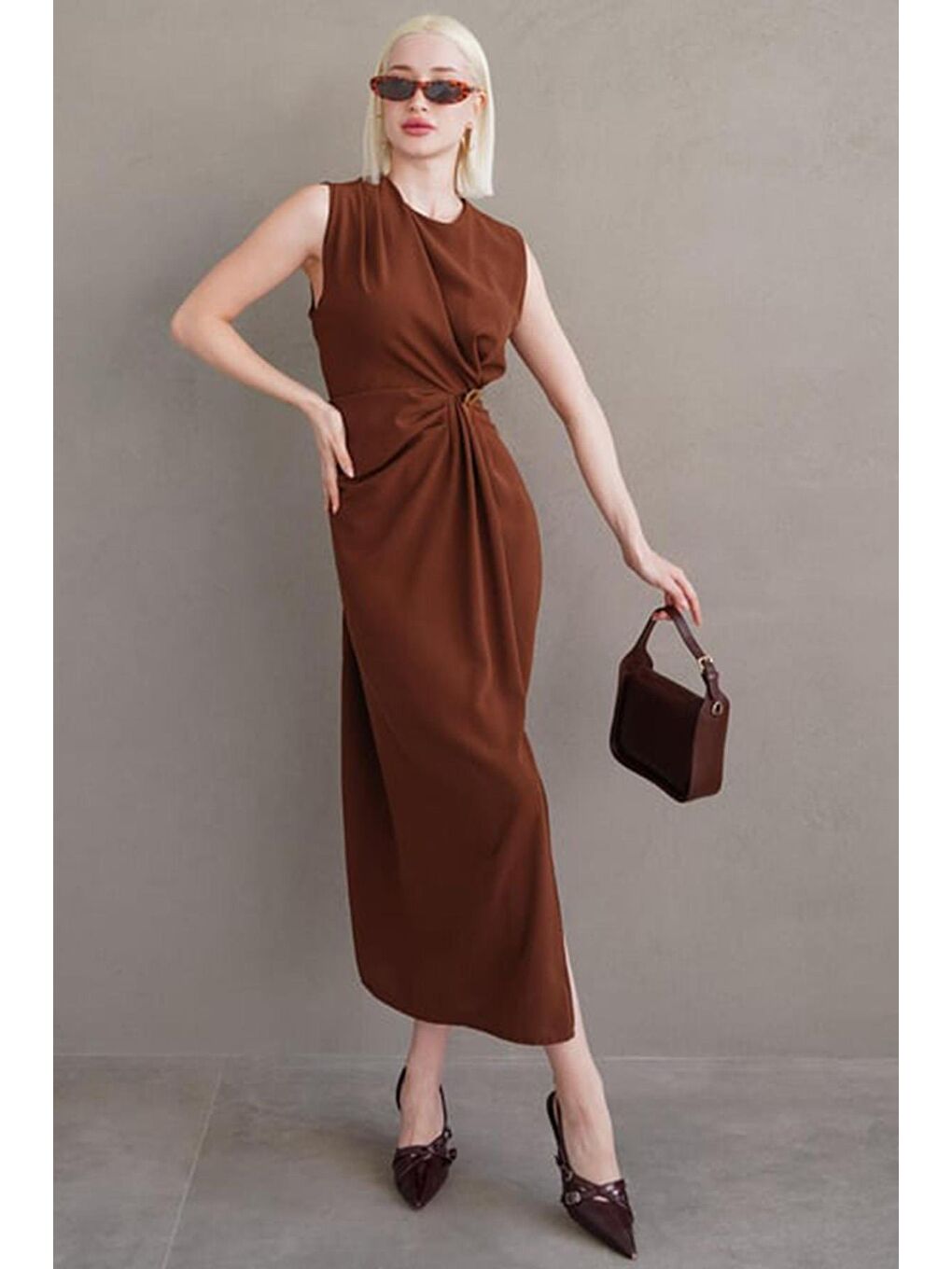 Kahverengi Bronşlu Midi Boy Kadın Elbise Mg2418-1