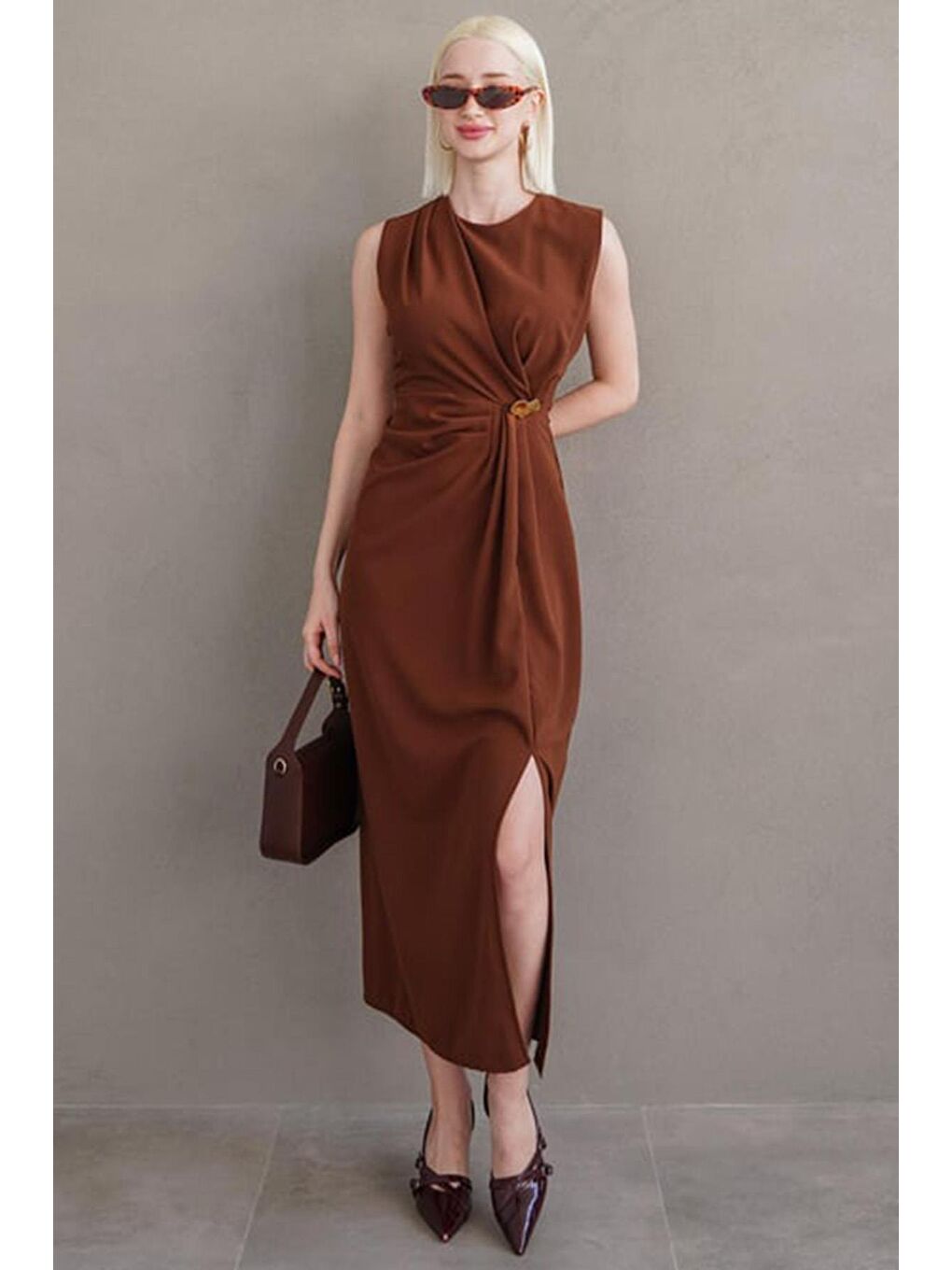 Kahverengi Bronşlu Midi Boy Kadın Elbise Mg2418-2