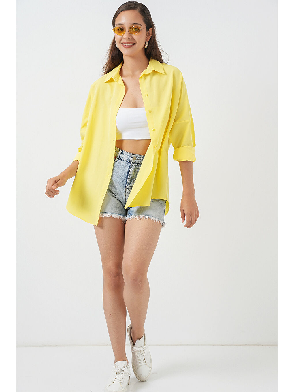 3900 Oversize Uzun Basic Gömlek - Sarı-1