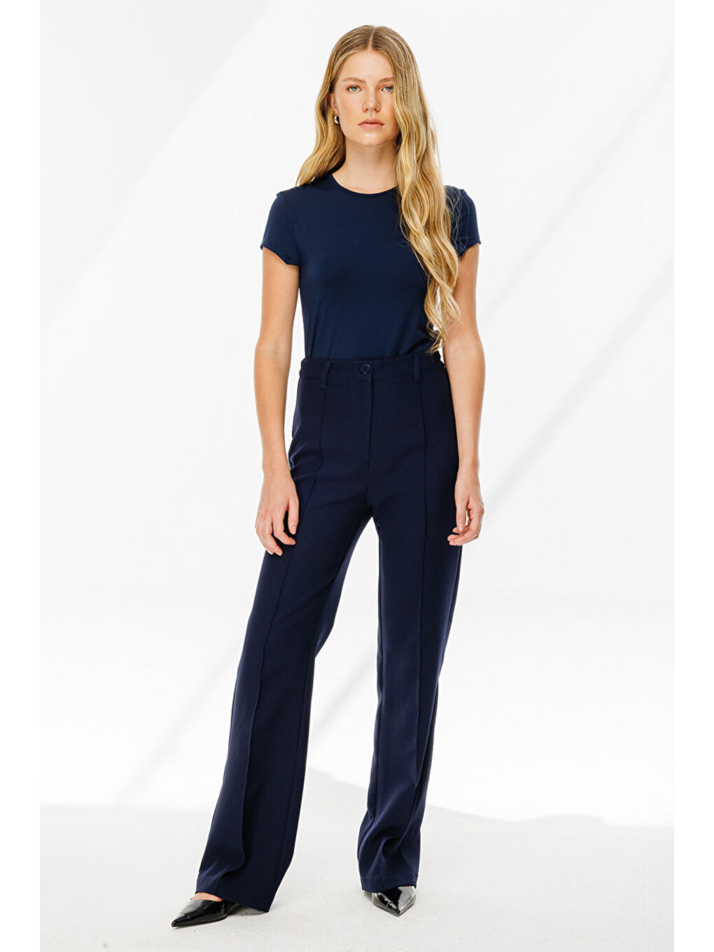 Dikiş Detaylı Lacivert Palazzo Pantolon-1