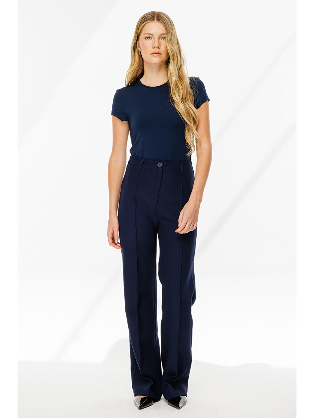 Dikiş Detaylı Lacivert Palazzo Pantolon-3