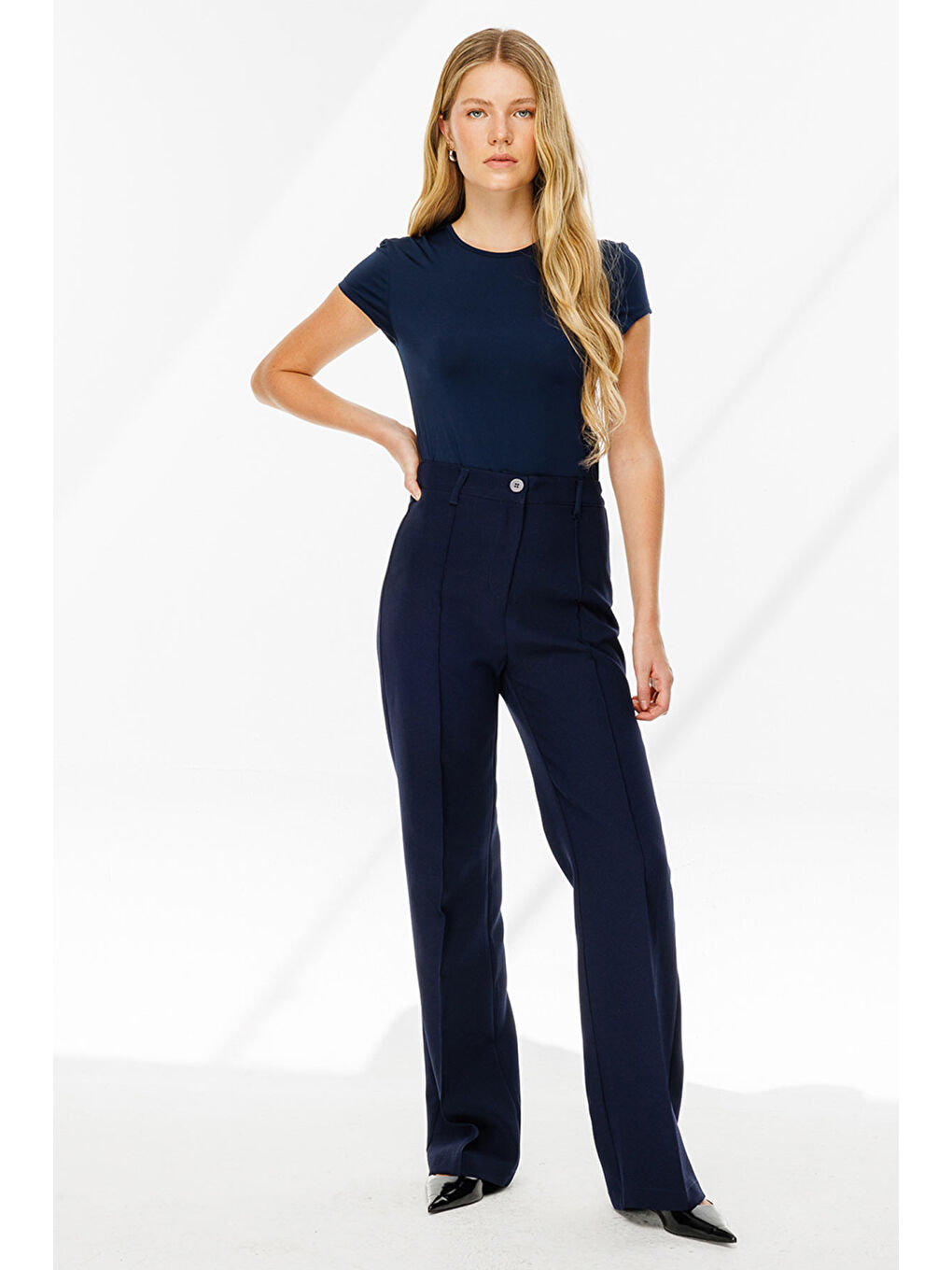 Dikiş Detaylı Lacivert Palazzo Pantolon-4