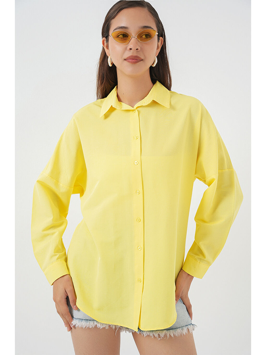3900 Oversize Uzun Basic Gömlek - Sarı-2