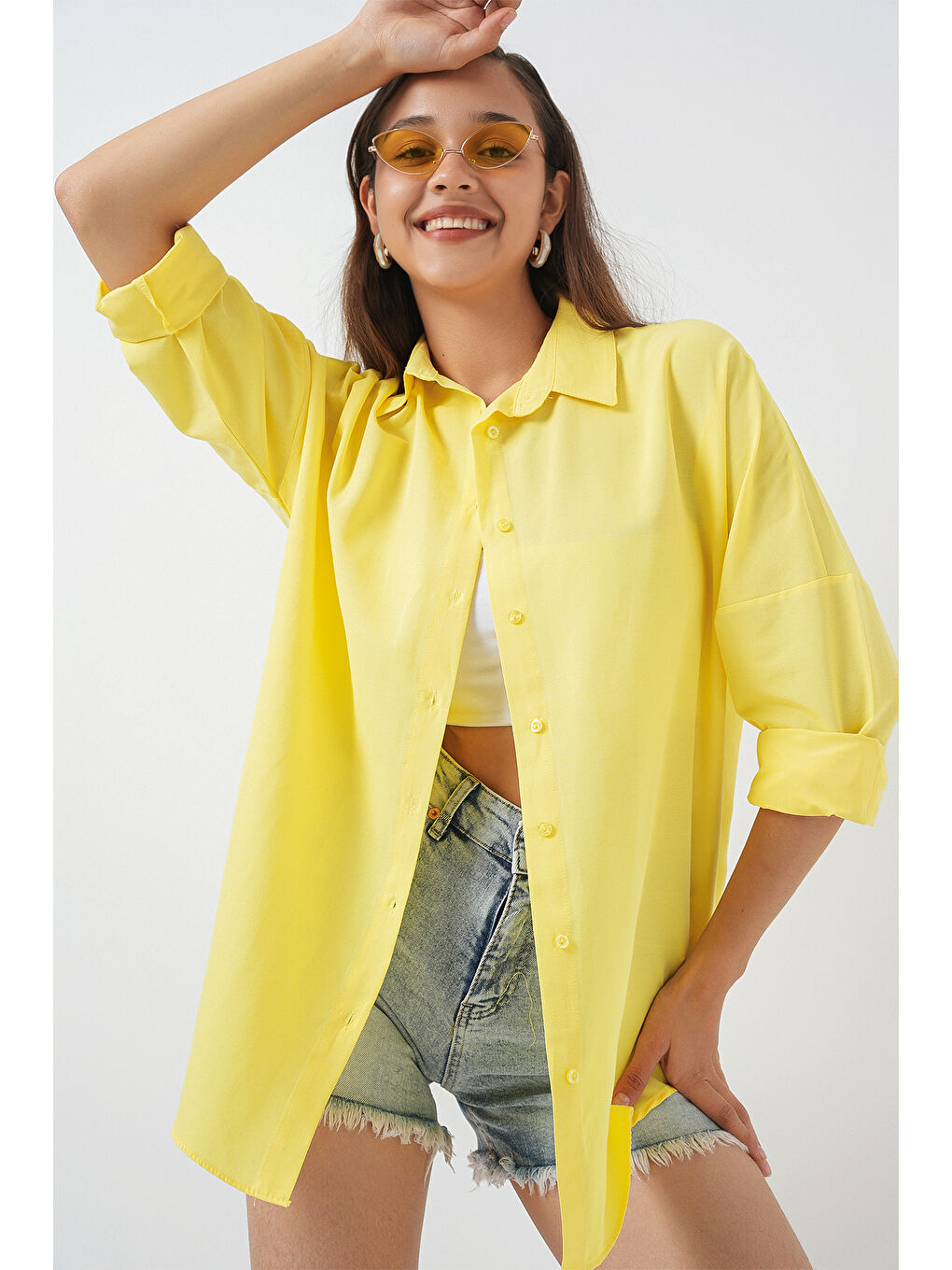 3900 Oversize Uzun Basic Gömlek - Sarı-3