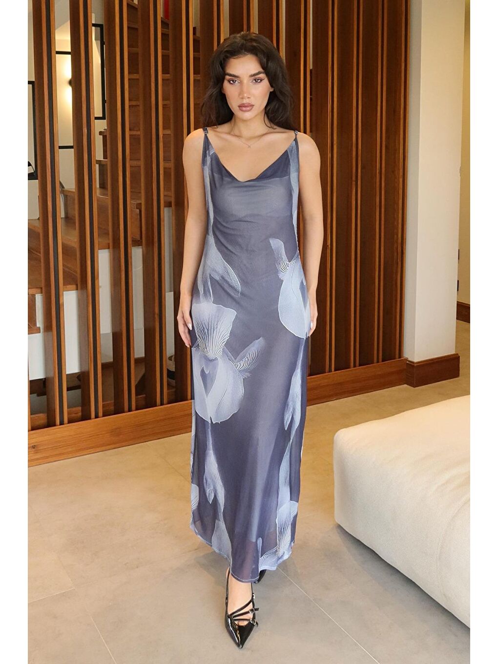 Gri Füme Desenli Ayarlanabilir Askılı Kadın Elbise Mg2385