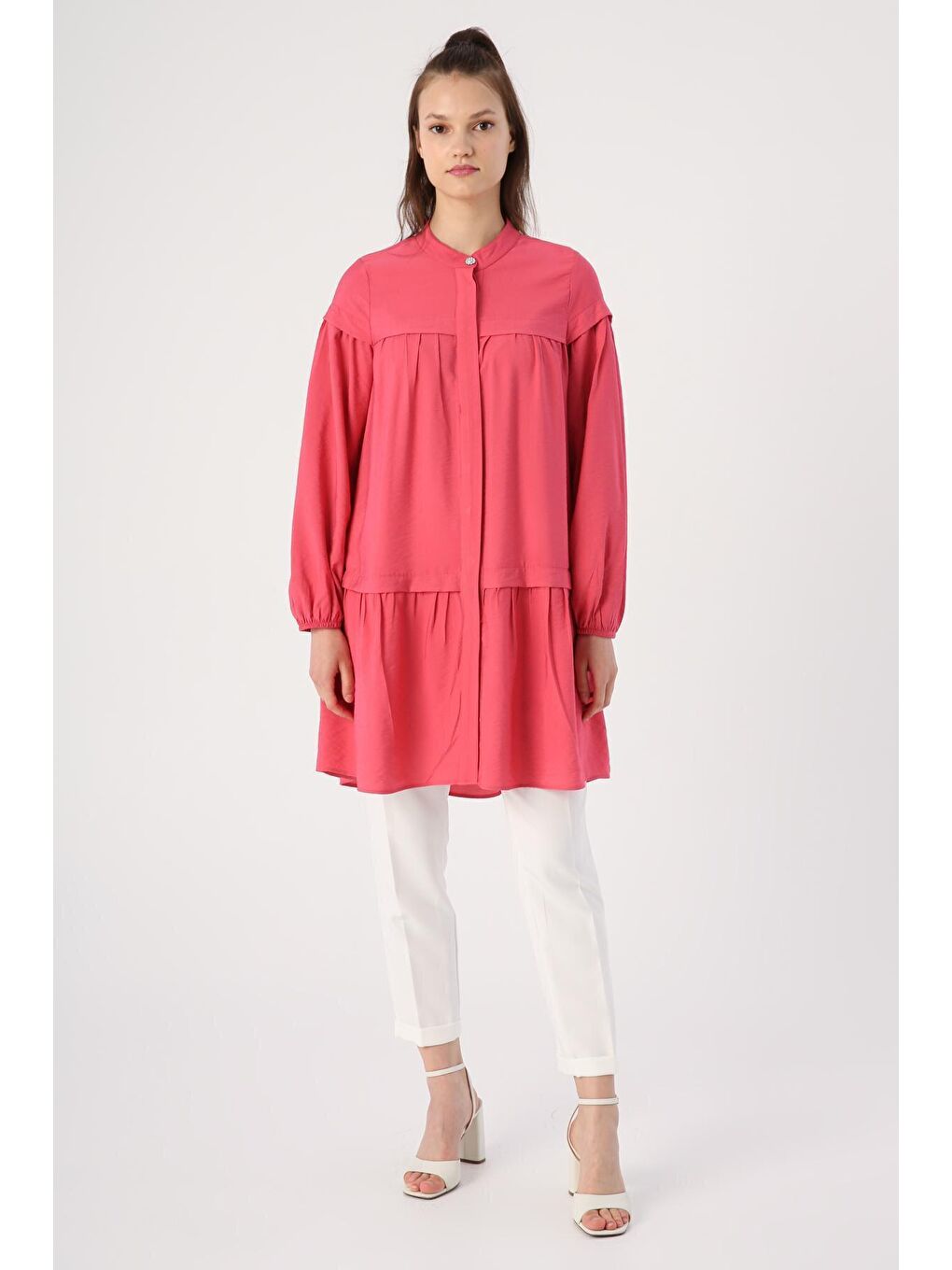Pembe Eteği Ve Rabosu Büzgülü Viskon Gömlek Tunik-1