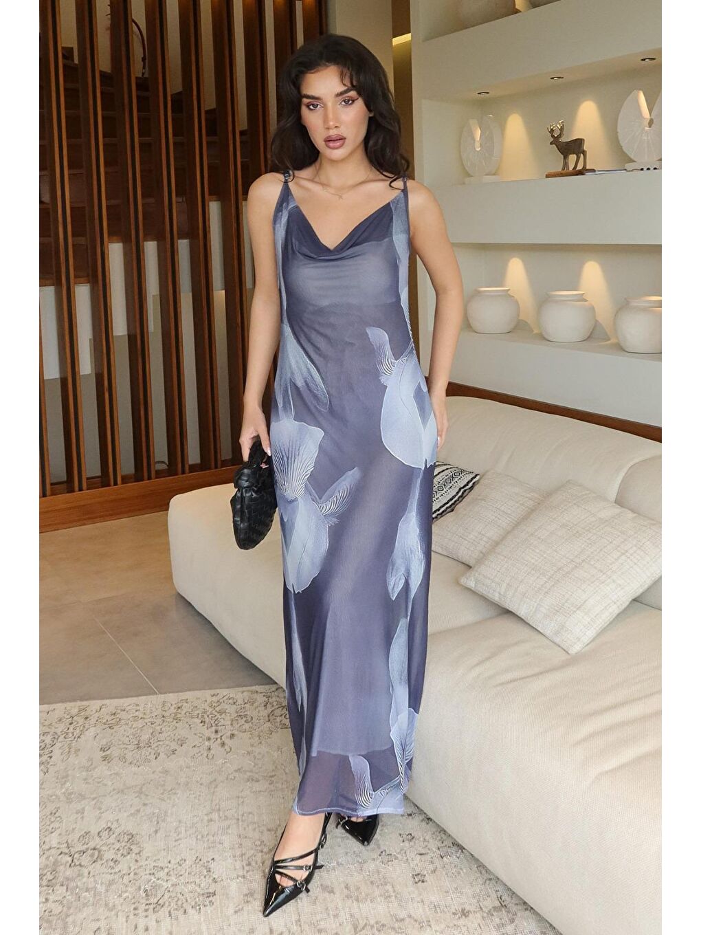 Gri Füme Desenli Ayarlanabilir Askılı Kadın Elbise Mg2385-1