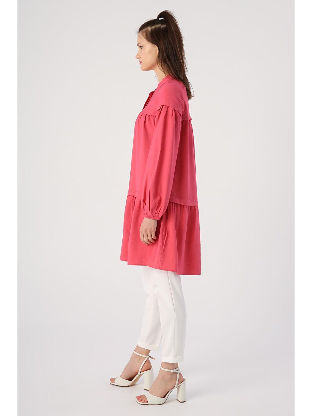 Pembe Eteği Ve Rabosu Büzgülü Viskon Gömlek Tunik-2
