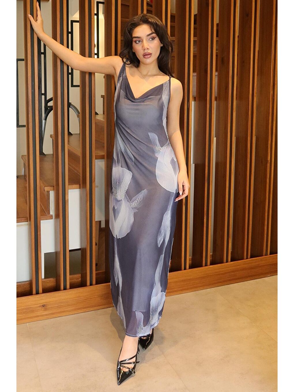 Gri Füme Desenli Ayarlanabilir Askılı Kadın Elbise Mg2385-2