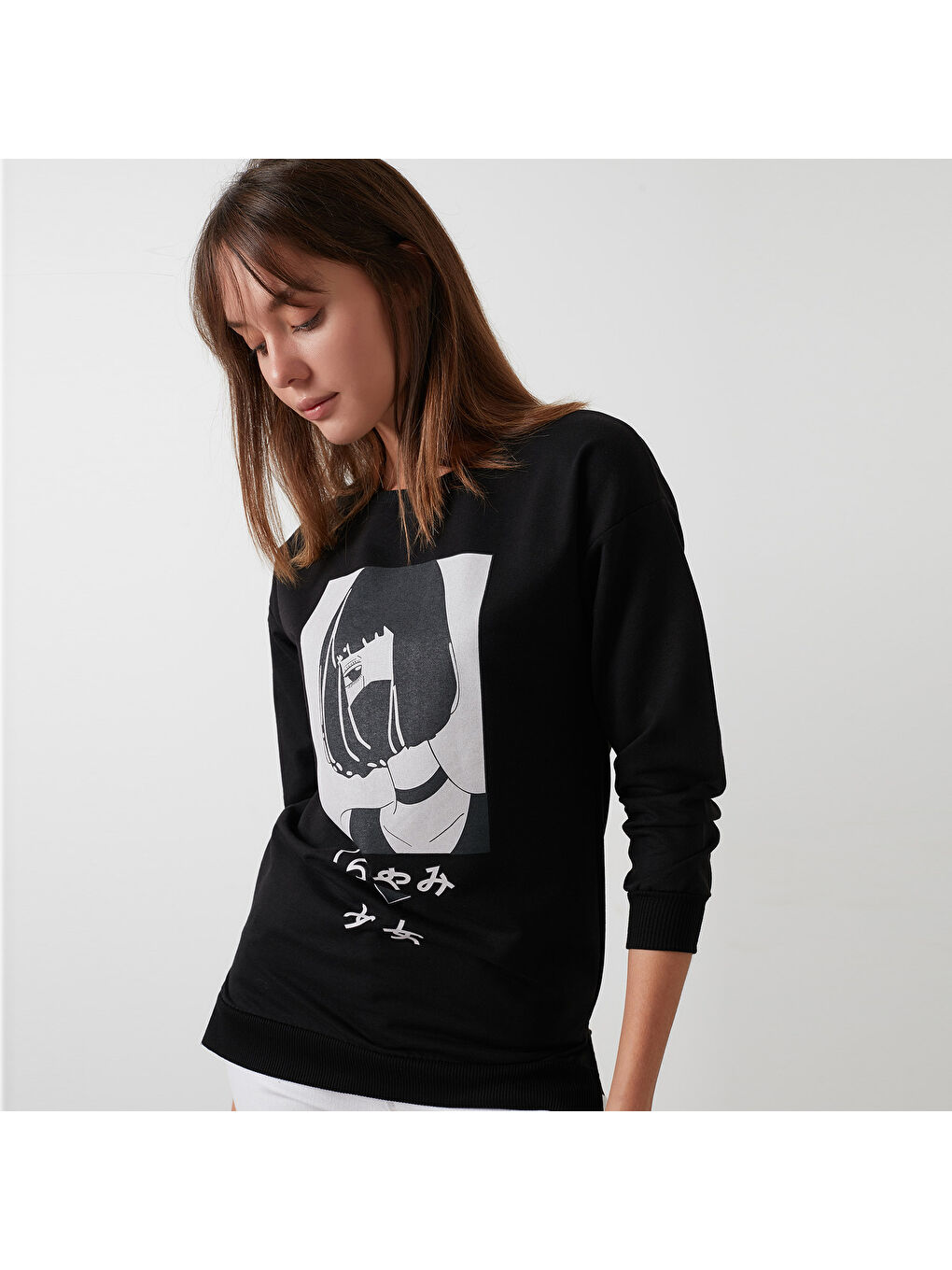 Siyah Pamuklu Baskılı Bisiklet Yaka Örme Tunik 5863849-6