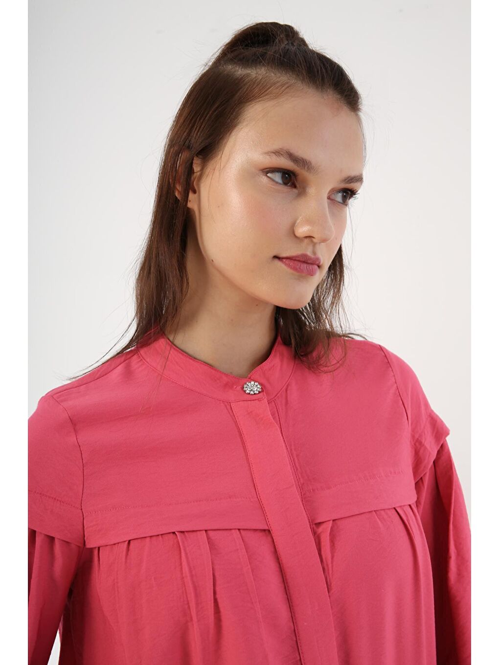 Pembe Eteği Ve Rabosu Büzgülü Viskon Gömlek Tunik-4