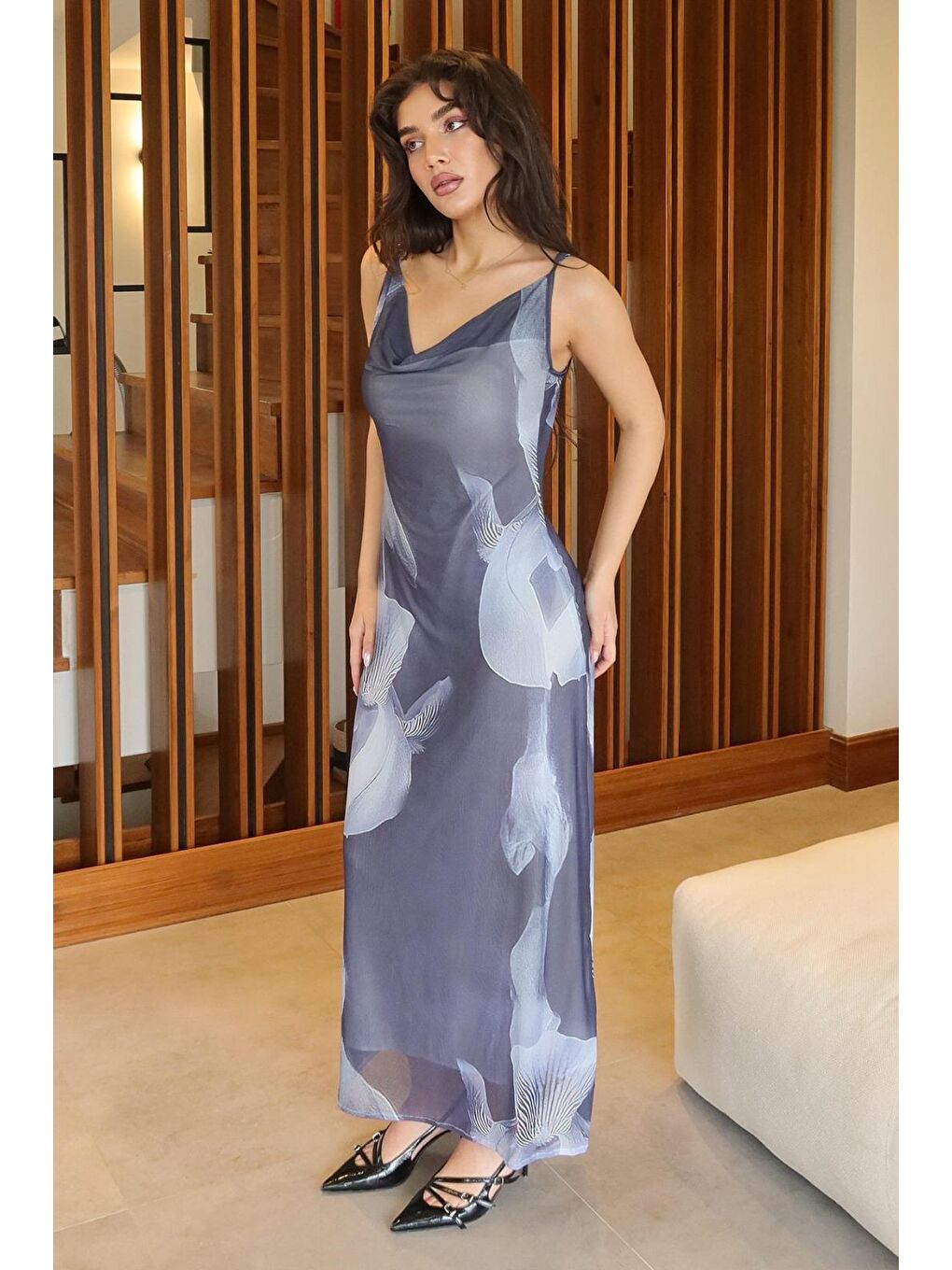 Gri Füme Desenli Ayarlanabilir Askılı Kadın Elbise Mg2385-5