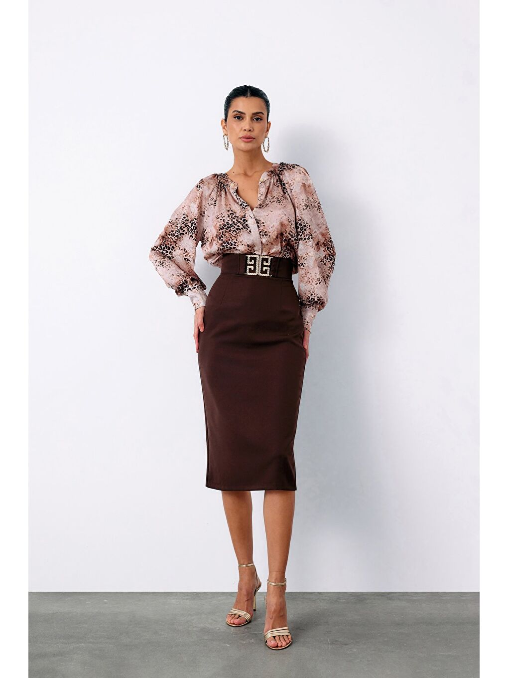 Kahverengi Aksesuar Detaylı Kalem Etek - Kahve-1