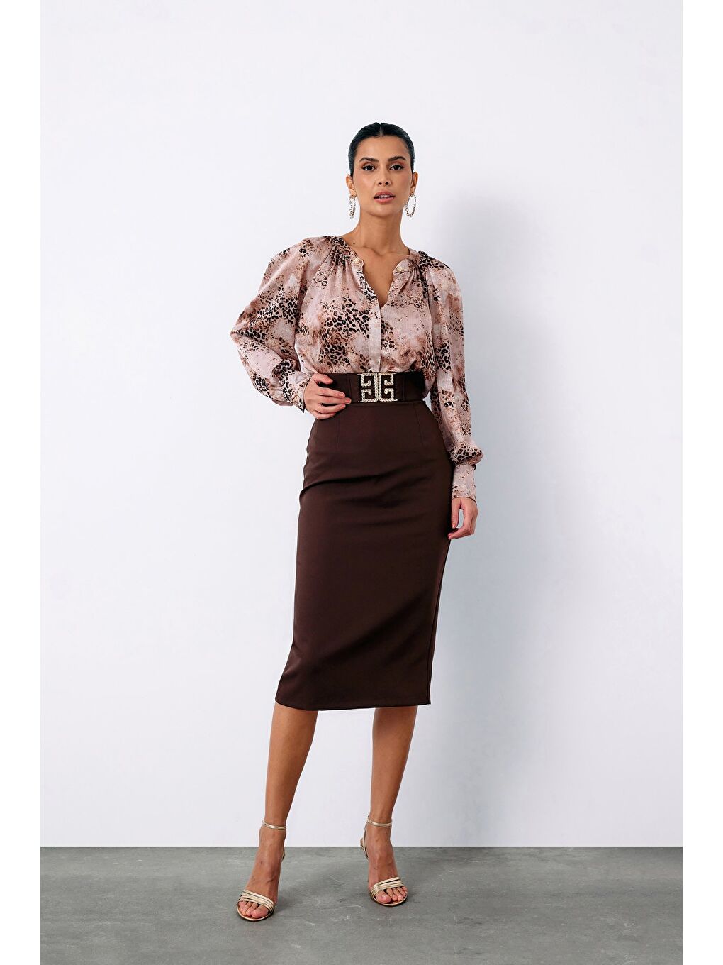 Kahverengi Aksesuar Detaylı Kalem Etek - Kahve-2